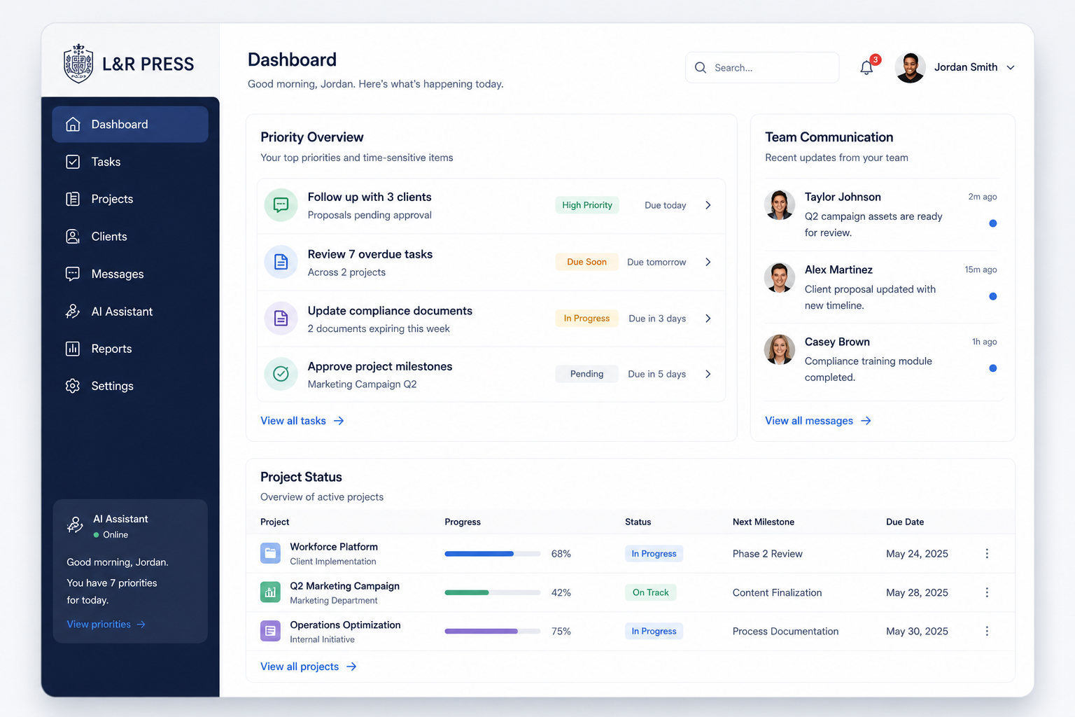 L&R Press operational dashboard showing organized communication, project visibility, and operational coordination