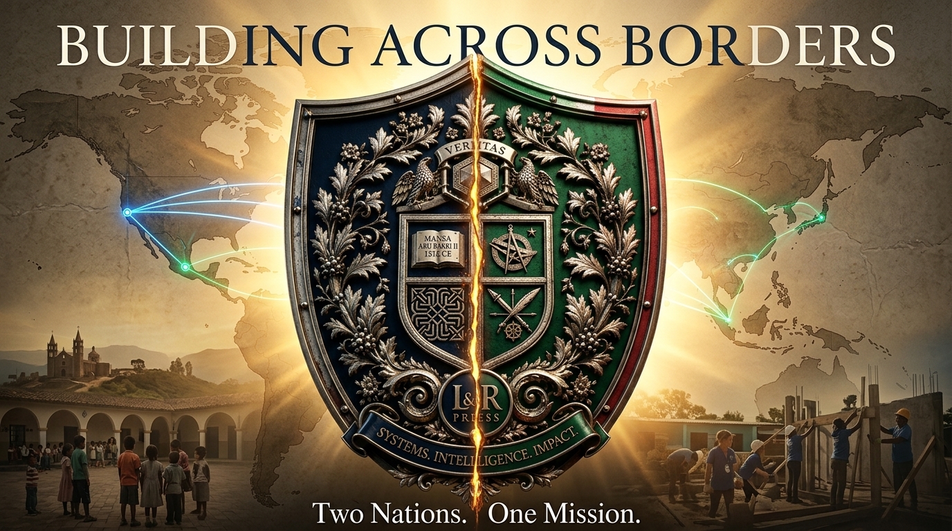 L&R Press coat of arms symbolizing cross-border philanthropy, technology, and nonprofit coordination between the United States and Mexico.
