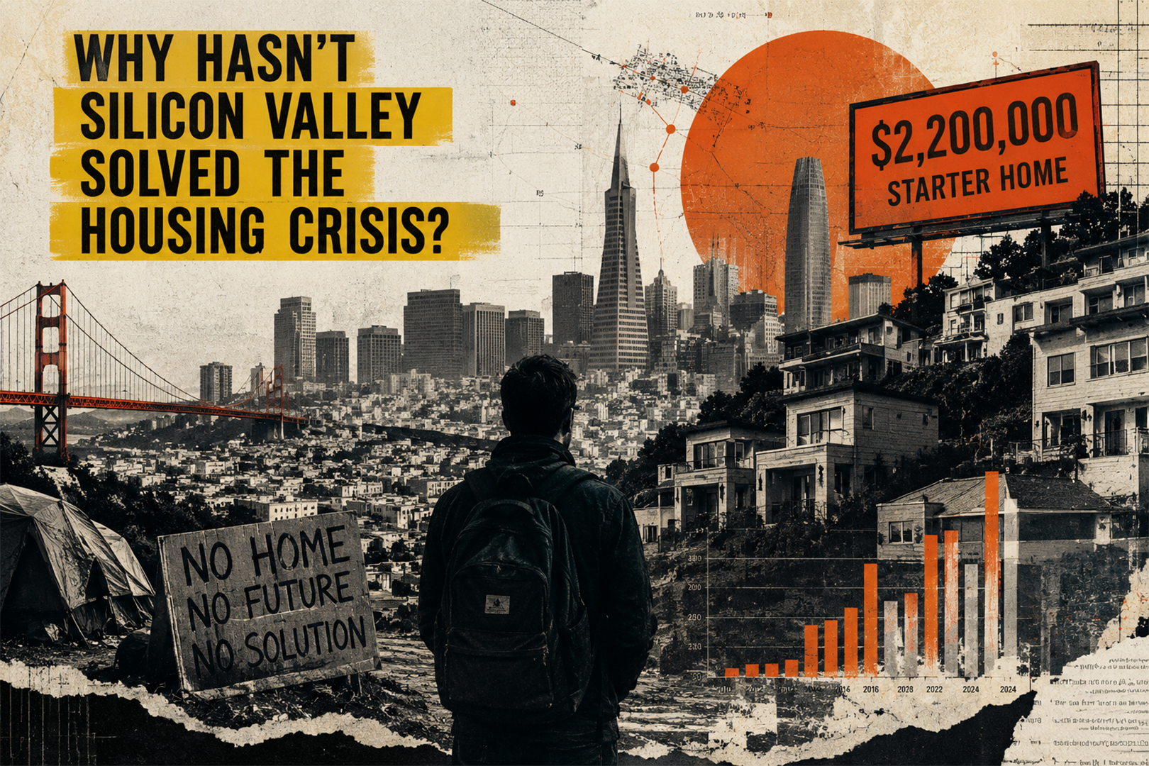 Editorial collage showing Silicon Valley, the Bay Area housing crisis, and the need for better coordination systems.