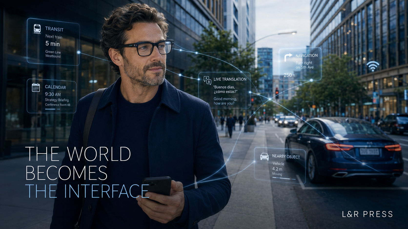 L&R Press illustration of smart glasses connecting people, devices and physical environments through ubiquitous technology and real-time data exchange