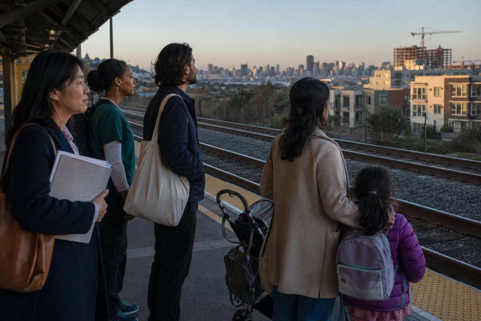 Bay Area teachers, caregivers, nonprofit workers and a family look toward housing and construction from a commuter platform.