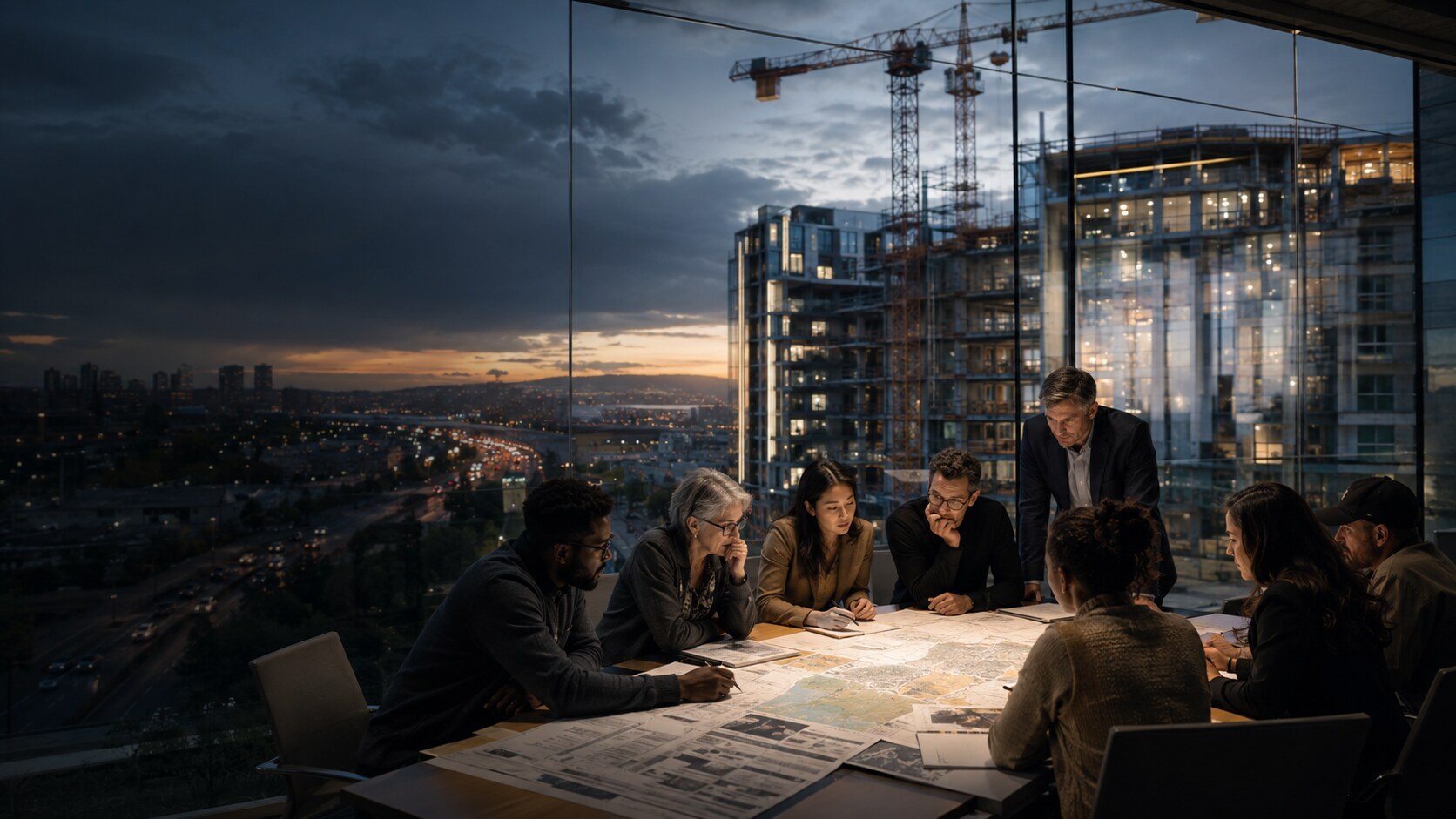 A coalition studies Bay Area housing plans as apartment construction continues outside at dusk.