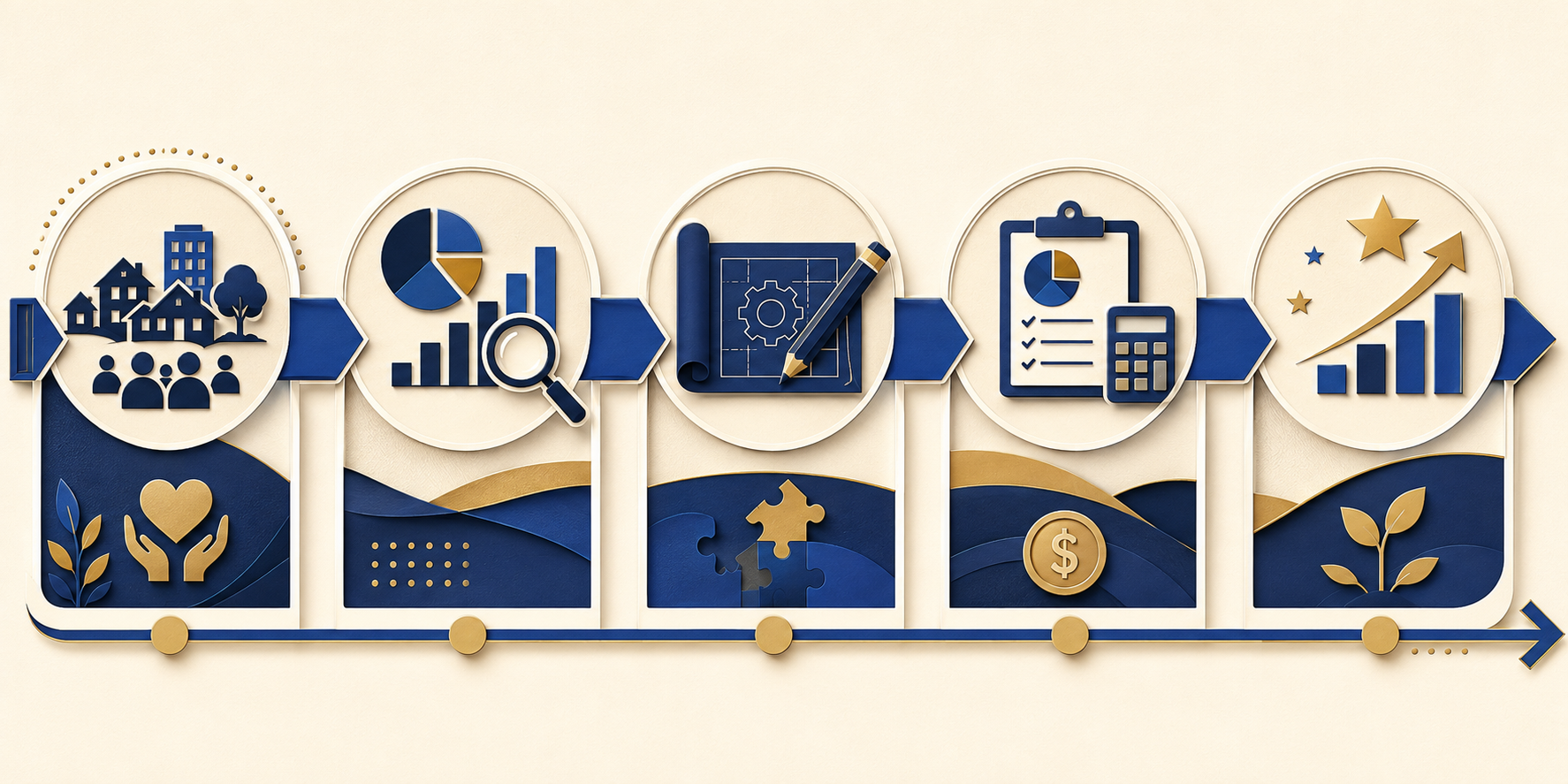 Five-stage grant strategy: community need, evidence, program design, budget, and measurable impact.
