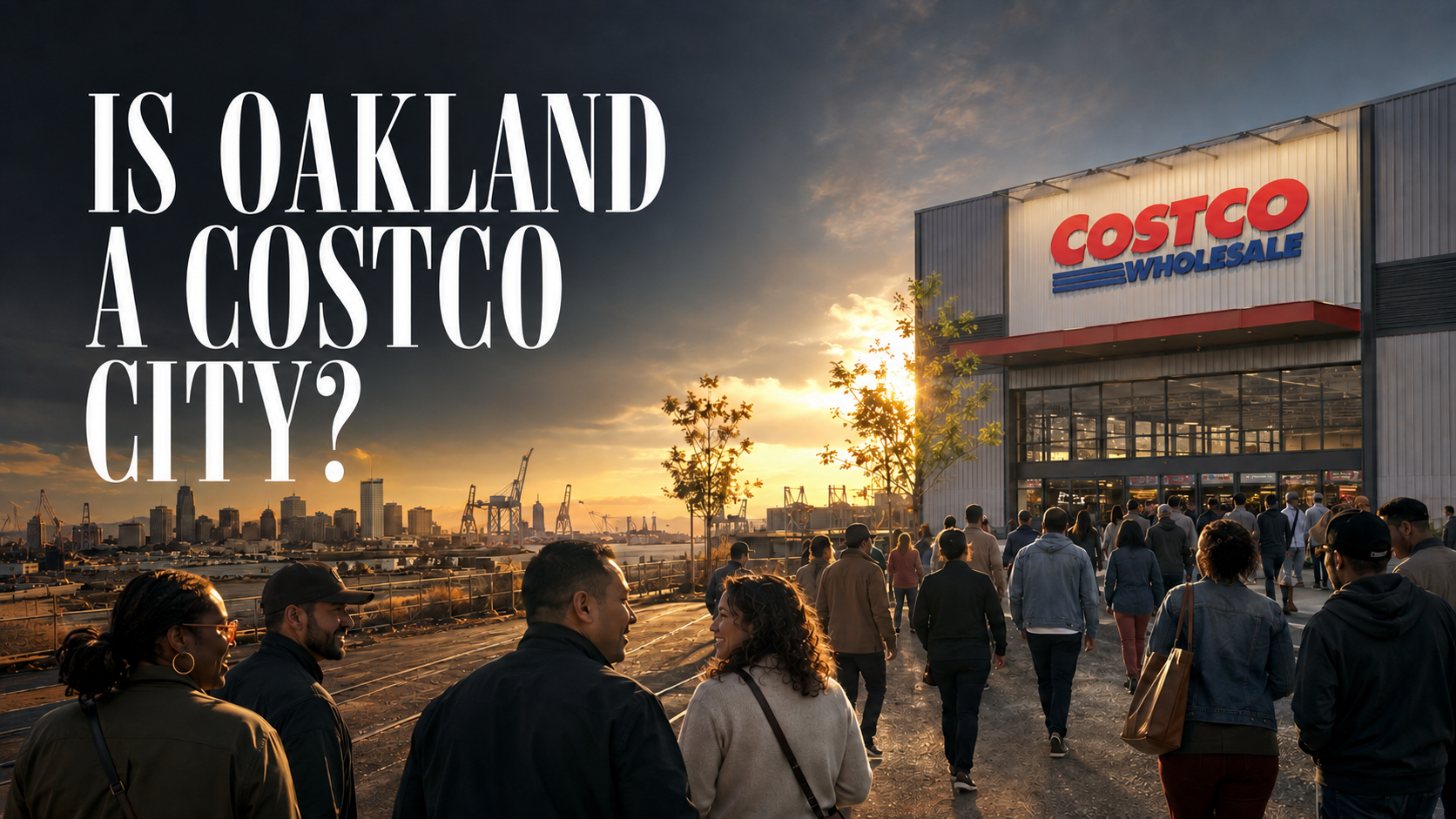 Conceptual rendering asking whether Oakland is a Costco city, with residents approaching a Costco warehouse near the Oakland waterfront