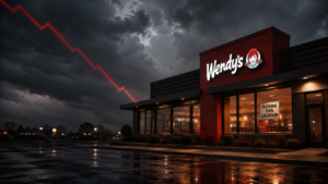 Wendy’s restaurant beneath storm clouds with a declining performance line and a closing notice