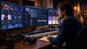 Musician browsing online courses while planning the next stage of business growth