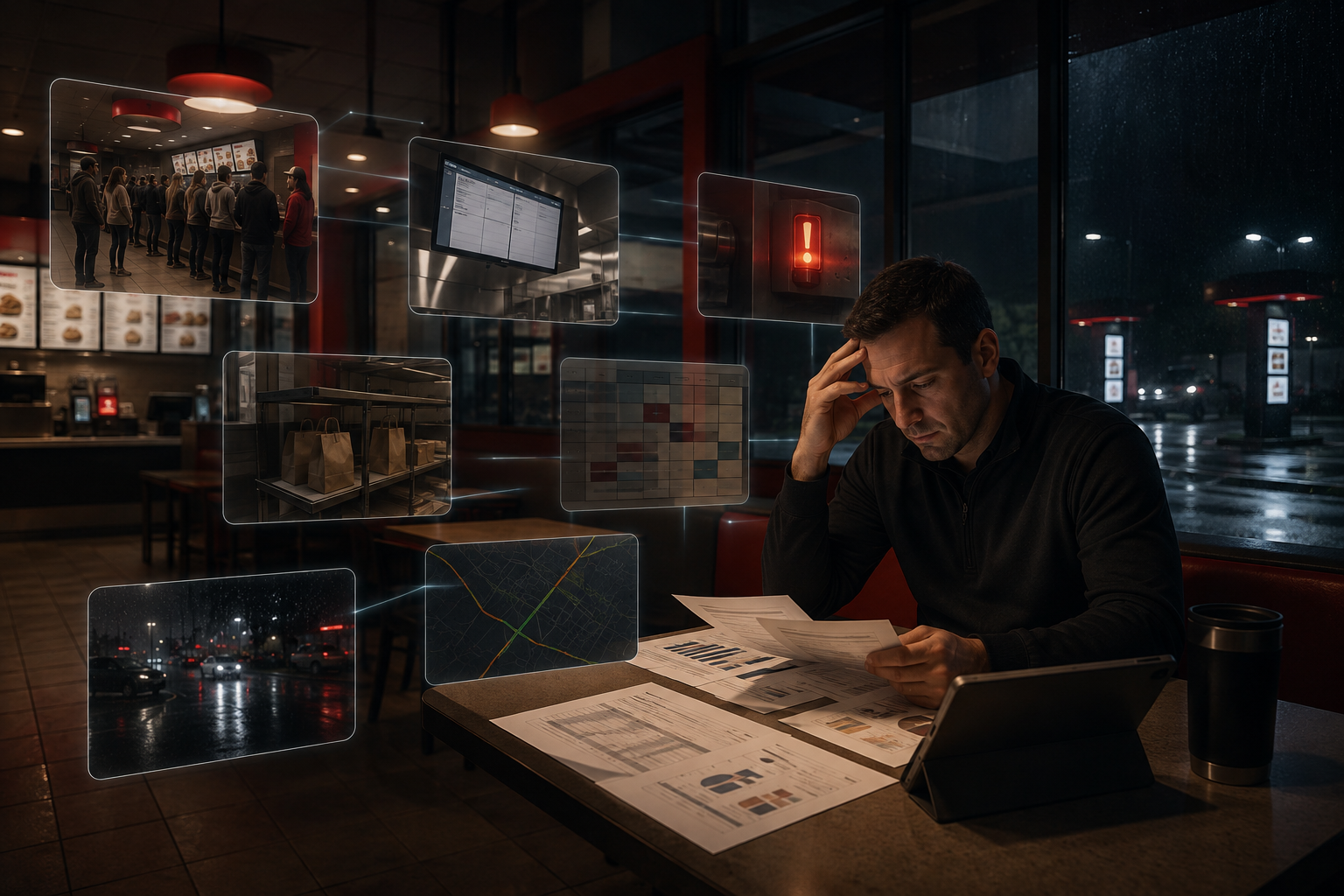 Restaurant operator surrounded by disconnected operational warning signals