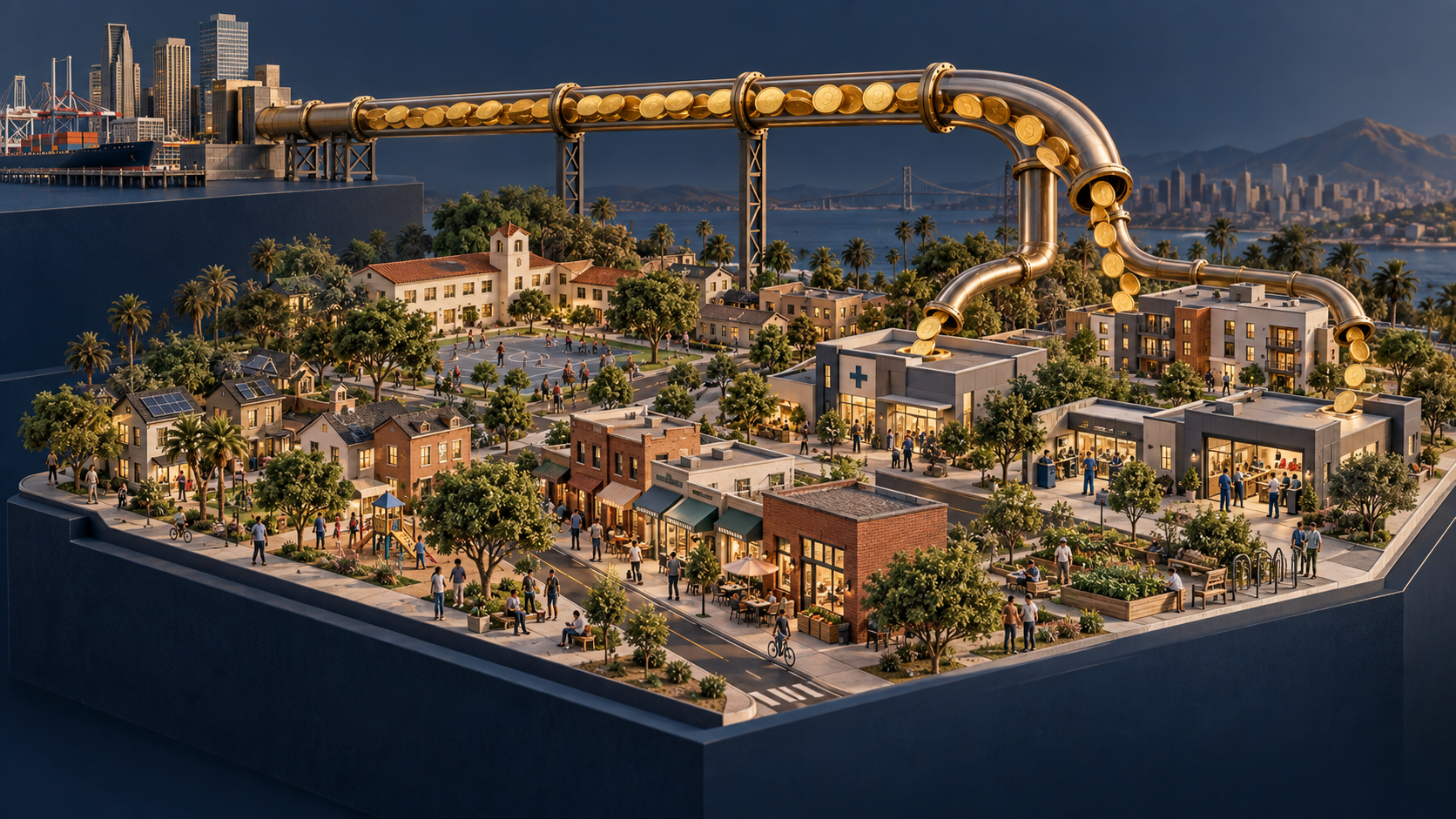 Three-dimensional illustration of capital circulating back into housing, schools, healthcare and local businesses