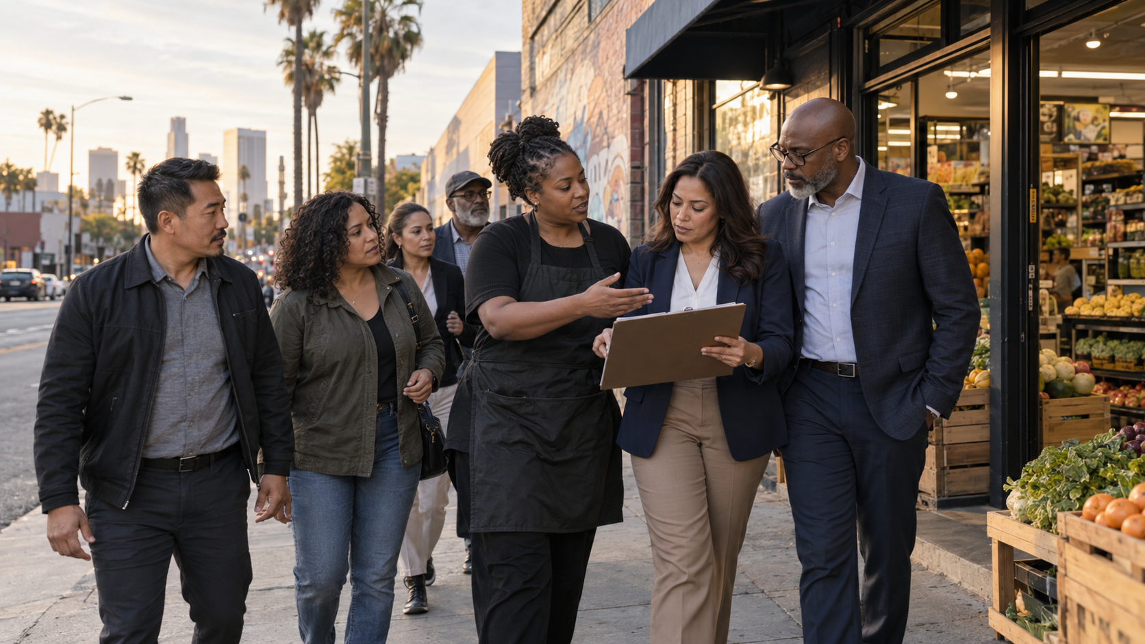Community leaders and a local business owner reviewing a neighborhood investment plan