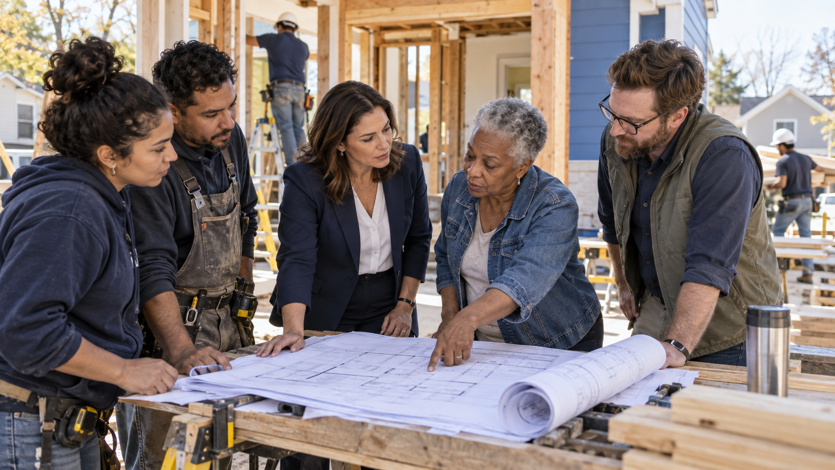 A resident leading a collaborative planning discussion at a community housing construction site