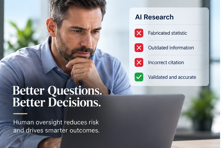 Professional reviewing AI research before a business decision