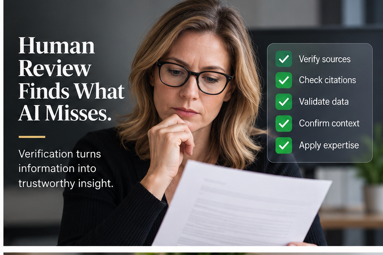 Professional verifying AI research sources and citations