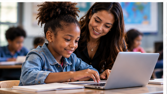 Teacher helping a student use technology