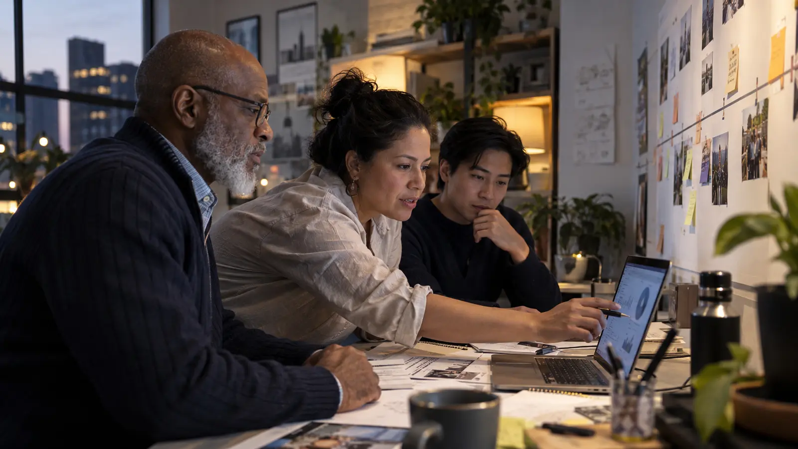 Professionals collaborating around a laptop
