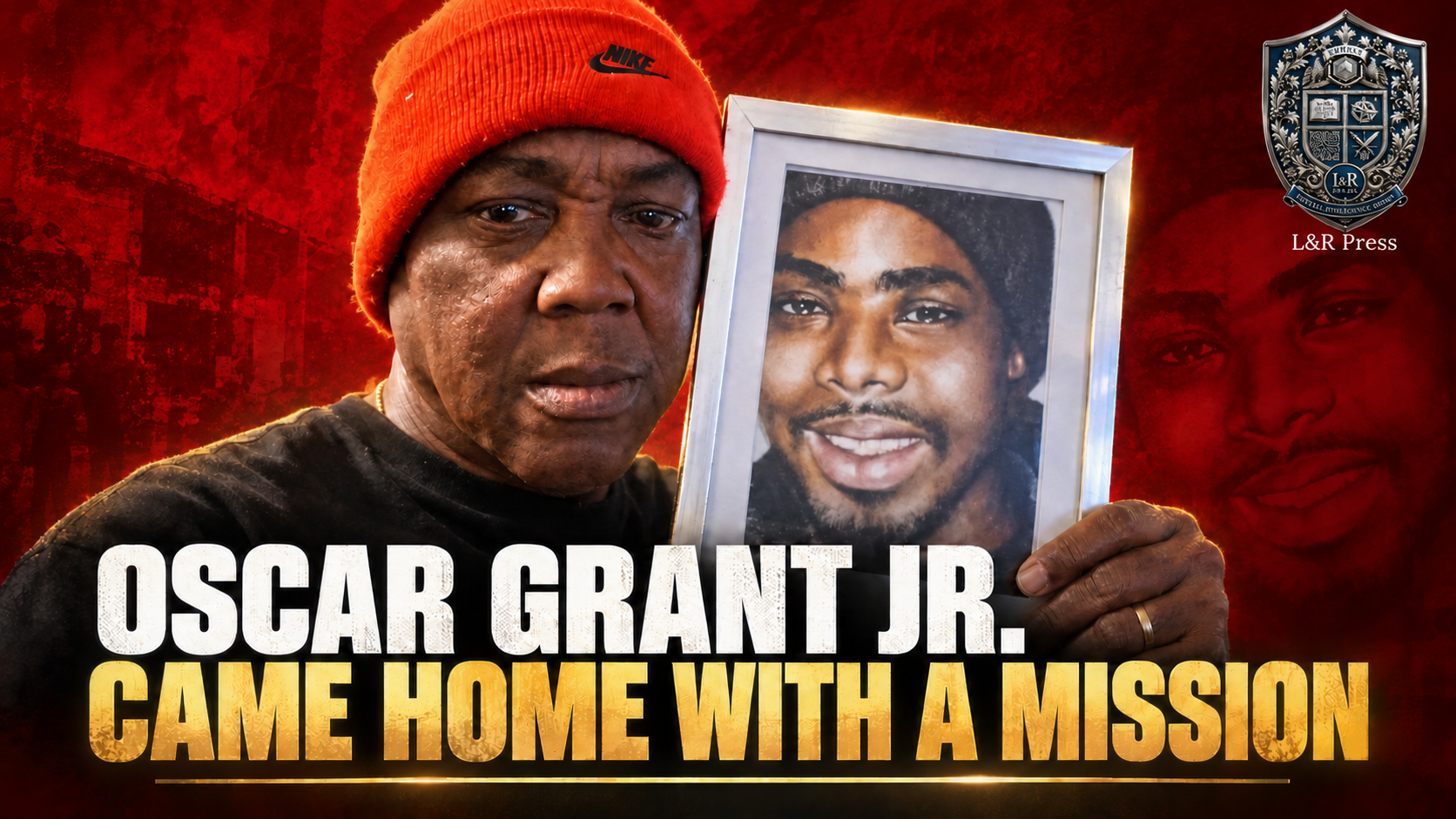 Oscar Grant Jr. holding a framed portrait of his son, Oscar Grant III, in an L&R Press editorial hero image
